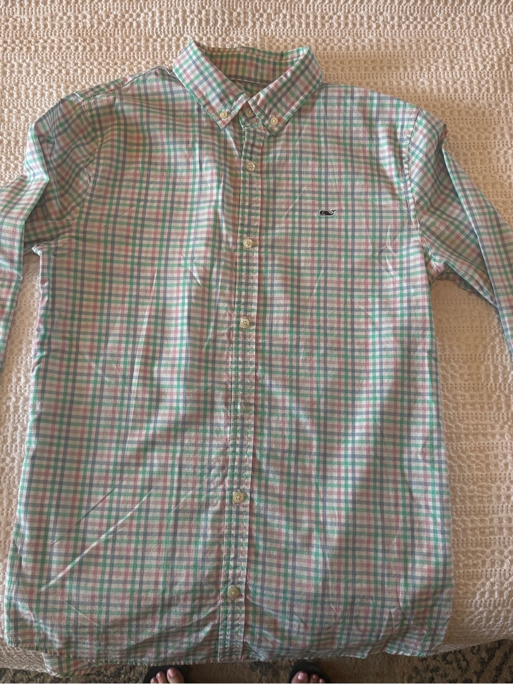 Vineyard Vines Boys XL 18 Plaid Button Down Shirt Green Blue Pink Cotton